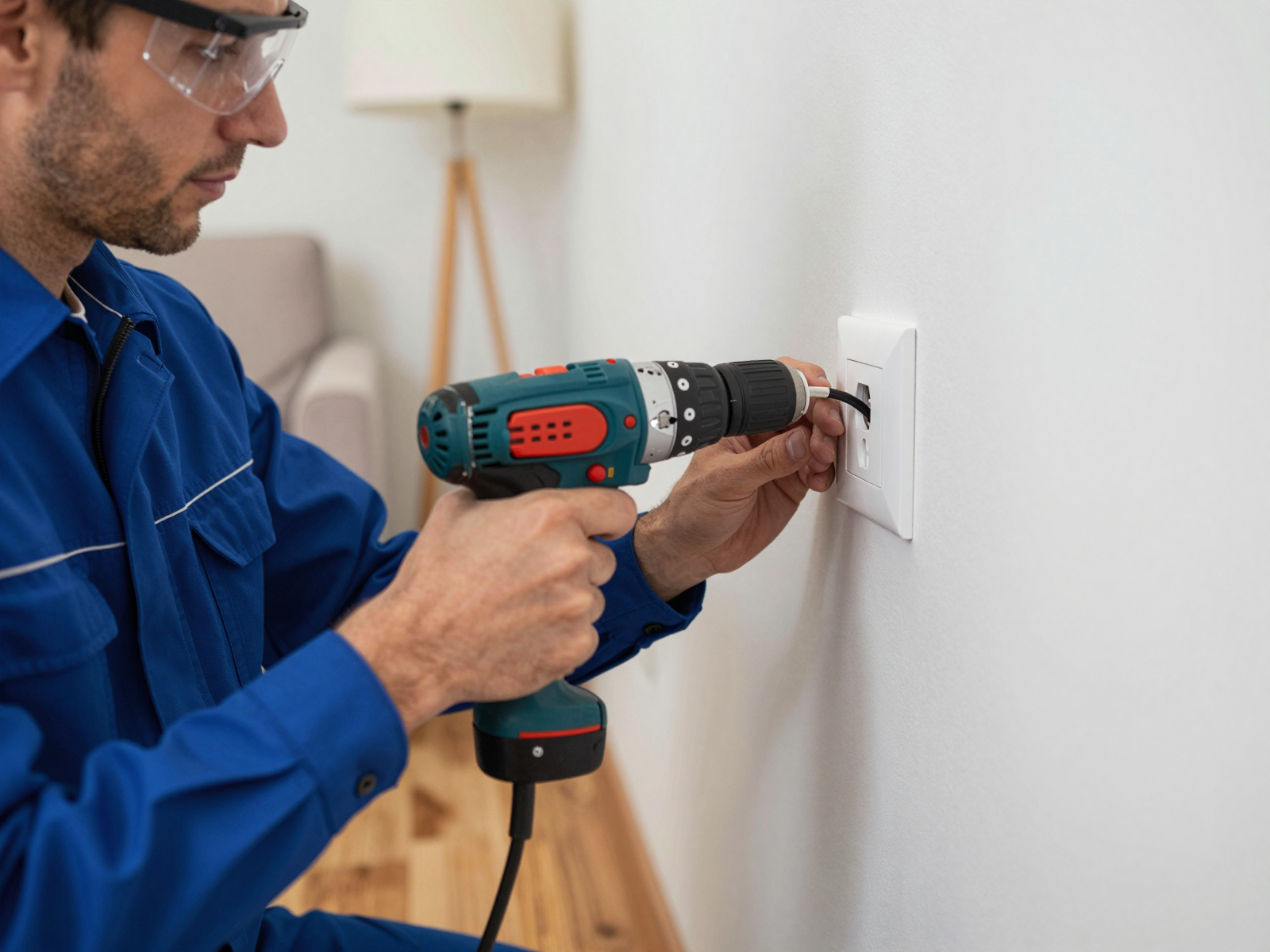Professional electrician installing modern electrical outlet